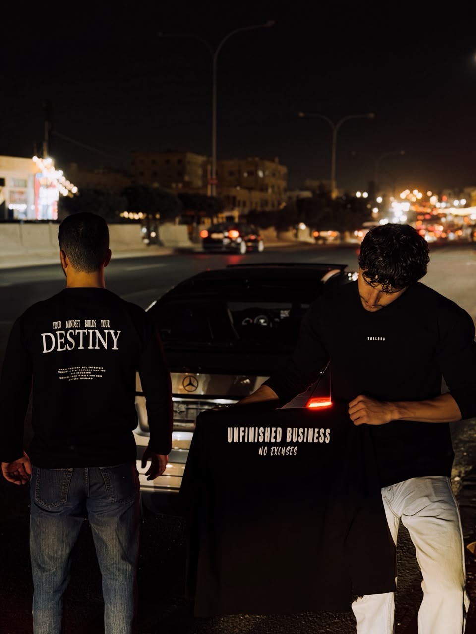 Two pieces at night, the Destiny print and the Unfinished Business print